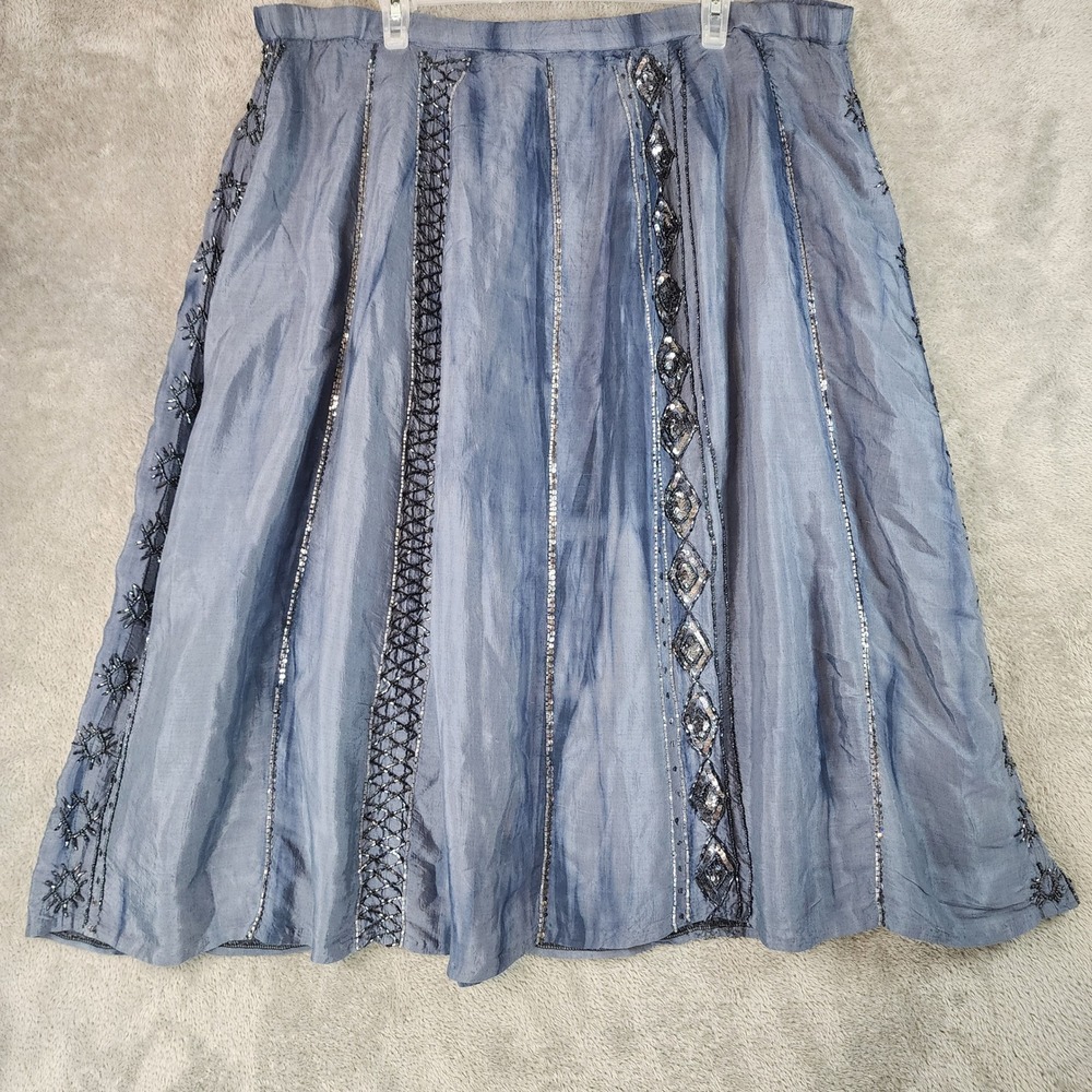 Chicos Skirt Womens Size 2 Blue Gray Beaded Sequin Crinkle Rayon Boho India Midi